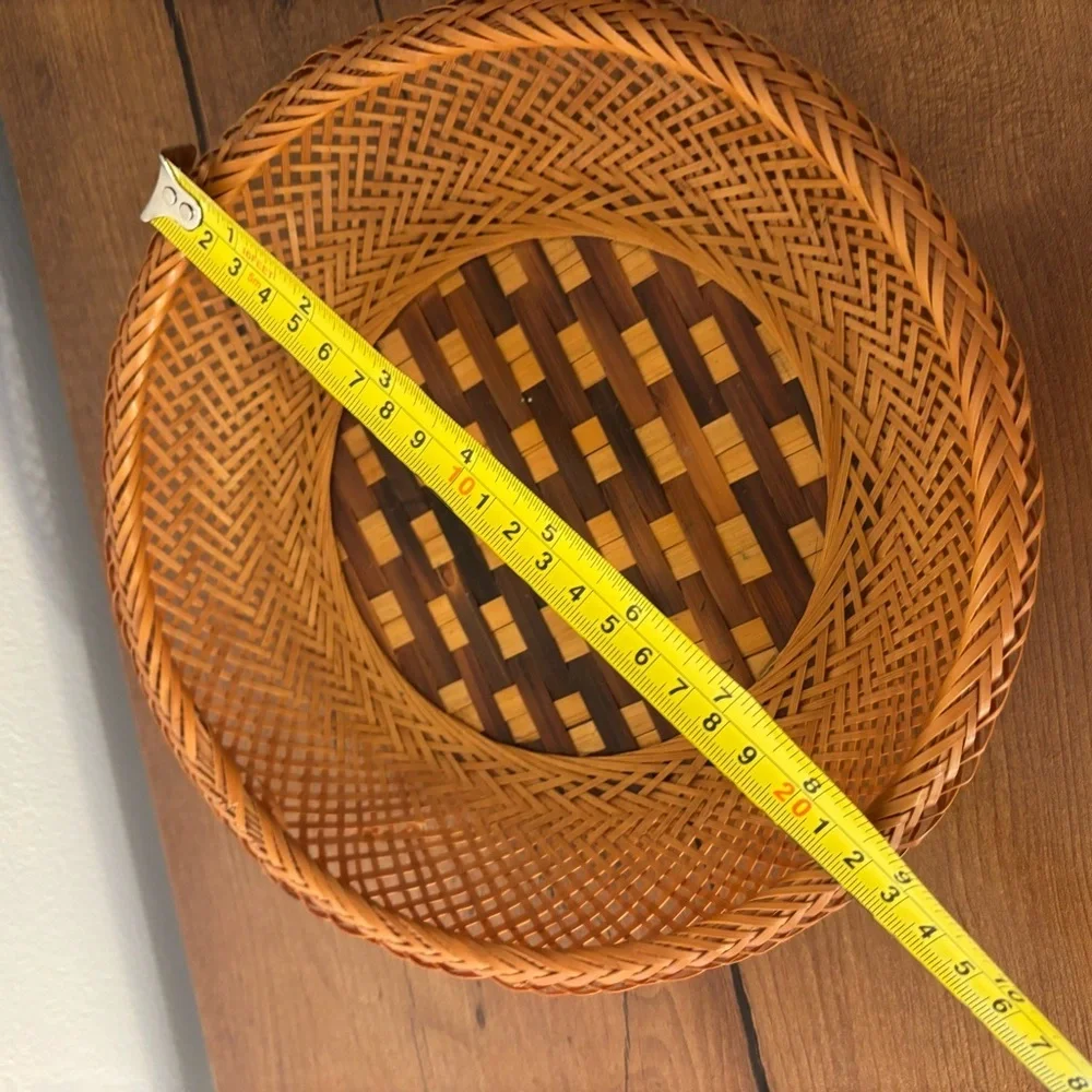 Vintage Small Woven Basket with Checkered Base Wicker Rattan
